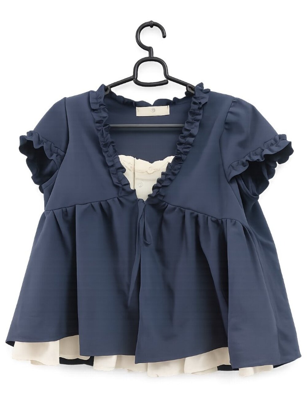 Navy Blue Babydoll Blouse Ruffle Trim V-Neck Short Sleeve Cottagecore Top